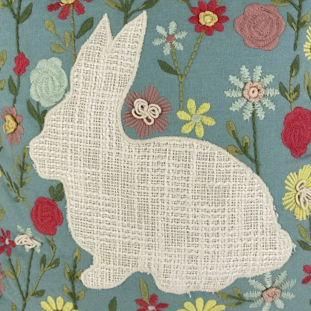 PIER 1 Embroidered Bunny Rabbit Pillow Zip Off Cover Easter Spring Decor